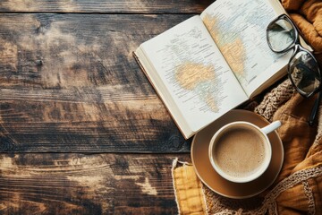 Aufkleber - Charming travel flatlay featuring coffee, a travel guide, and cozy textures perfect for planning adventures. Generative AI