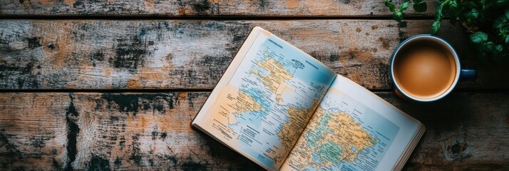 Aufkleber - Cozy travel flatlay featuring a warm cup of coffee and an open travel guide on a rustic wooden table. Generative AI