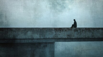 Aufkleber - Lone figure contemplates life on a foggy bridge at twilight fostering deep feelings of loneliness and introspection. Generative AI