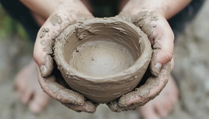 Explore the art of collaborative pottery with this image of two hands shaping a clay pot together, demonstrating the essence of partnership, care, and creation Witness the tangible beauty of shared