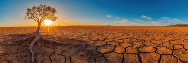 Poster - Cracked dry lakebed under a blazing sun with a solitary tree surrounded by vast arid landscape. Generative AI
