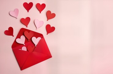 Red envelope filled with pink, red paper hearts. Flat lay style on pink background. Valentine Day concept. Romantic, festive. Creative heart design. Perfect for celebration. Lovely. Gift. Decoration.