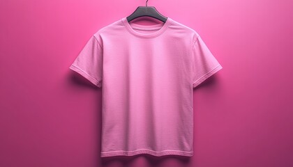 Pink t-shirt hanging on black hanger against pink background.