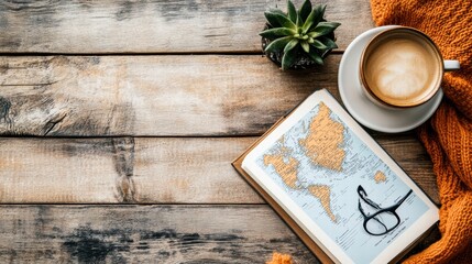 Aufkleber - Travel flatlay featuring coffee, travel guide, and cozy accessories on a wooden table for planning adventures. Generative AI