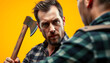 © Sergey - Photo of criminal guy looking without smile on enemy ready to use big ax wear casual plaid shirt isolated yellow color background isolated with white highlights, png