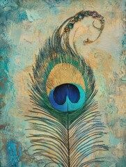 Poster - Intricate close up of a peacock feather showcasing vibrant colors and delicate textures against a textured background. Generative AI