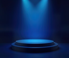 Poster - Empty stage with blue gradient background, spotlight. Modern, elegant design for product displays. Ideal for presentations new products. Studio ambiance offers pro aesthetic. Three-dimensional