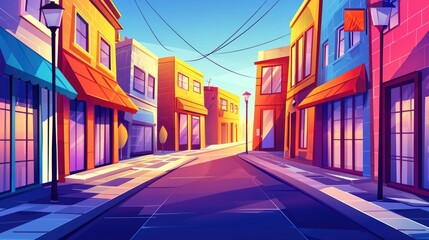 Naklejka na meble A Colorful, Empty City Street with Shops and Street Lights