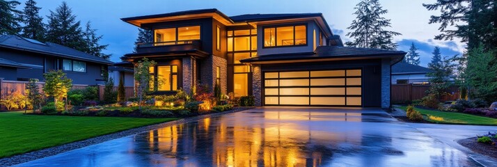 Aufkleber - Luxury mansion illuminated at twilight showcasing modern architecture and lush landscaping in a serene neighborhood. Generative AI