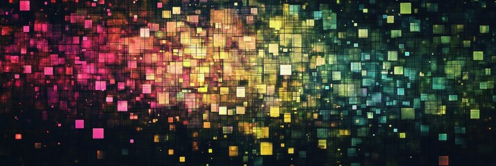 Fototapete - Glowing mosaic of pixelated elements creates a vibrant abstract pattern with vivid colors and dynamic movement. Generative AI