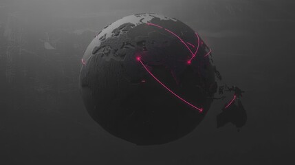 Poster - Dark Global Map with Neon Lines Connecting Major Cities and Regions