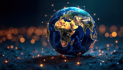 Poster - Global digital connection in metaverse. Earth globe shows worldwide networking. Tech, space innovation. Futuristic concept of global communication. Night scene with glowing connections. Abstract