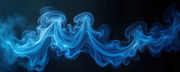 Poster - Abstract blue smoke swirls, flows against black background. Fluid dynamic shapes create soft, smooth design. Isolated image offers motion, light effect. Vibrant blue color evokes sense of magic