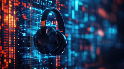 Poster - Futuristic Headphones Against Digital Matrix Background