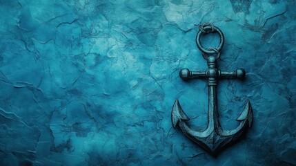 Leinwandbilder - Nautical anchor resting on a textured blue background with ample space for adding text or other elements. Generative AI