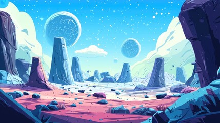 A surreal landscape with towering blue rocks, a pink sandy ground, and two moons in the sky. , 2d cartoon for game background and cartoon cover book