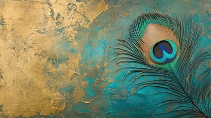 Poster - Intricate close up of a vibrant peacock feather against a striking blue and gold backdrop. Generative AI