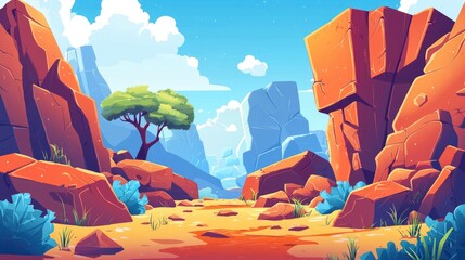 Wall Mural - A Colorful Canyon Landscape with a Single Tree and Rocky Terrain, 2d cartoon for game background and cartoon cover book