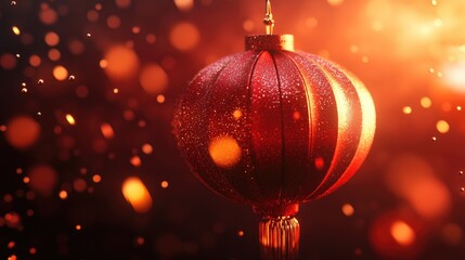 Poster - Vibrant Red Lantern with Glitter and Bokeh Effect in Warm Light