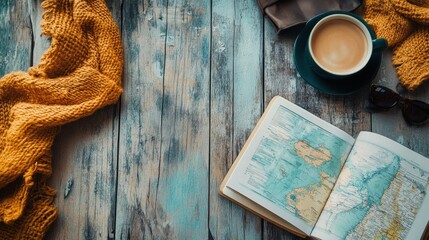 Aufkleber - Cozy flatlay featuring a warm cup of coffee, a travel guide, and a knitted scarf on rustic wooden table. Generative AI