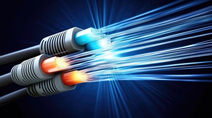 Poster - Fiber Optic Cables Transmitting Light in Dark Background