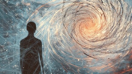 Aufkleber - Human silhouette in abstract whirlwind illustrating feelings of isolation and turmoil among swirling lines and colors. Generative AI