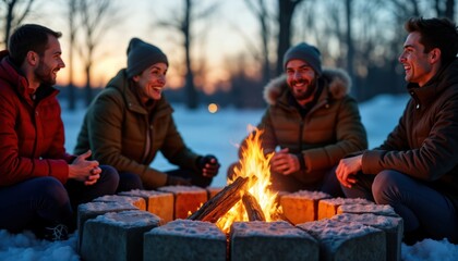 friends gather around glowing fire pit in winter. enjoy warm evening, conversation. winter scenery s