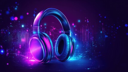 Poster - Vibrant Neon Headphones with Colorful Light Effects and Background