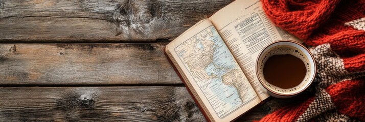 Aufkleber - Cozy travel flatlay featuring a warm cup of coffee and an open travel guide on a rustic wooden table. Generative AI