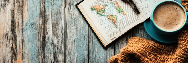 Poster - Cozy travel flatlay featuring a cup of coffee, an open travel guide, and a warm knit blanket ready for planning adventures. Generative AI
