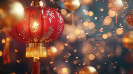 Poster - Festive Red Lanterns with Golden Decorations and Bokeh Background