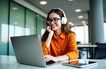 young woman working on laptop inside modern office. wears stylish orange shirt, headphones. woman sm