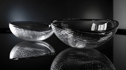 Poster - Elegant Glass Bowls with Textured Surface on Reflective Background