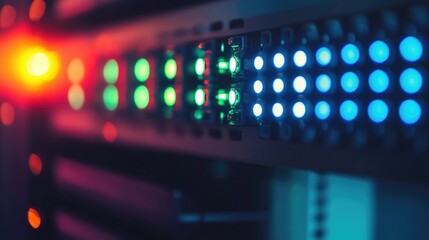 Poster - Colorful LED lights on a server rack in a data center environment
