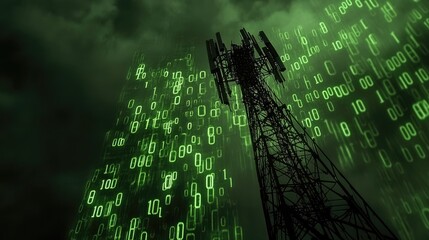 Poster - Green Digital Background with Tower and Binary Code Visualization