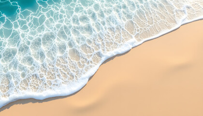  abstract sand beach from above with light blue transparent water wave and sun lights, summer vacation background concept banner with copy space, natural beauty spa outdoors isolated with white highl