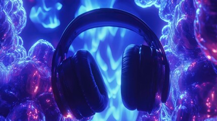 Poster - Vibrant Headphones Surrounded by Colorful Abstract Bubbles