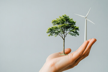 Wall Mural - Hand Holding Tree and Windmill - Sustainable Future