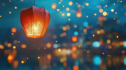 Poster - Vibrant Lantern Illuminating Night Sky with Blurred Bokeh Background