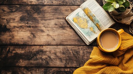 Aufkleber - Cozy travel flatlay featuring a warm cup of coffee and an open travel guide on a wooden table. Generative AI