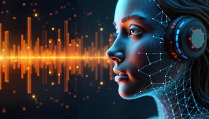 Poster - Virtual assistant AI listens intently. Sound waves visualized. Conversation tech. Digital interface. Futuristic design. AI-based virtual assistant generating voice. Natural language processing.