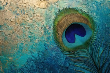Poster - Intricate close up of a peacock feather showcasing vibrant colors and textures against a soft background with space for text. Generative AI