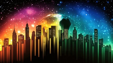 Poster - Modern Cityscape with Bright Colors and Technology Theme