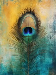 Aufkleber - Close up view of a colorful peacock feather showcasing intricate textures and vibrant hues against a blurred background. Generative AI