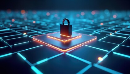 Poster - Modern tech security concept. Abstract digital network structure. Lock symbol represents secure endpoint. Data protection, device security highlighted. Advanced cyber security strategy. Intact