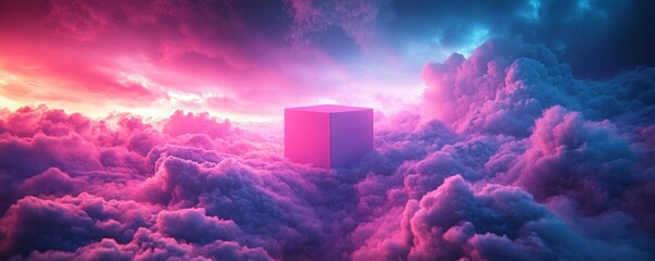 Poster - Illuminated cubic structure rising above colorful clouds digital art surreal environment aerial view futuristic concept