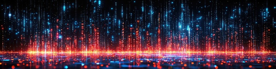 Poster - Abstract digital landscape with glowing particles and lines representing technology and data flow.