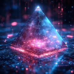 Fototapete - Illuminated pyramid structure virtual world digital art futuristic environment aerial view technology concept