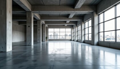 Poster - Empty spacious hall with polished concrete floor, large windows offering city view. Modern architecture. Big open space. Suitable for business exhibition showcase. Interior design with light concrete