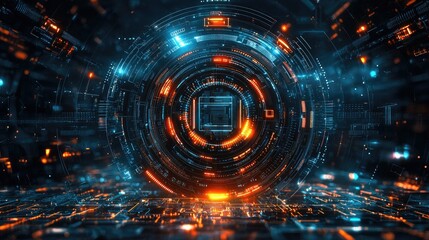 Poster - Abstract digital tunnel with glowing circuits and patterns, representing technology and innovation.